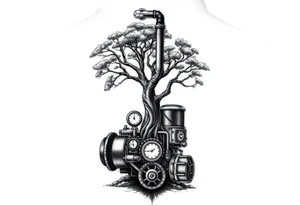 tree growing out of a v shaped engine with lots of pipes, guages and steam around the engine 
 with a smoke stack coming out of the top of the tree billowing black smoke with a steam punk vibe tattoo idea