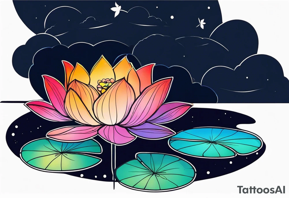 Single Vibrant colorful lotus flower on the pond with the night sky in the background tattoo idea