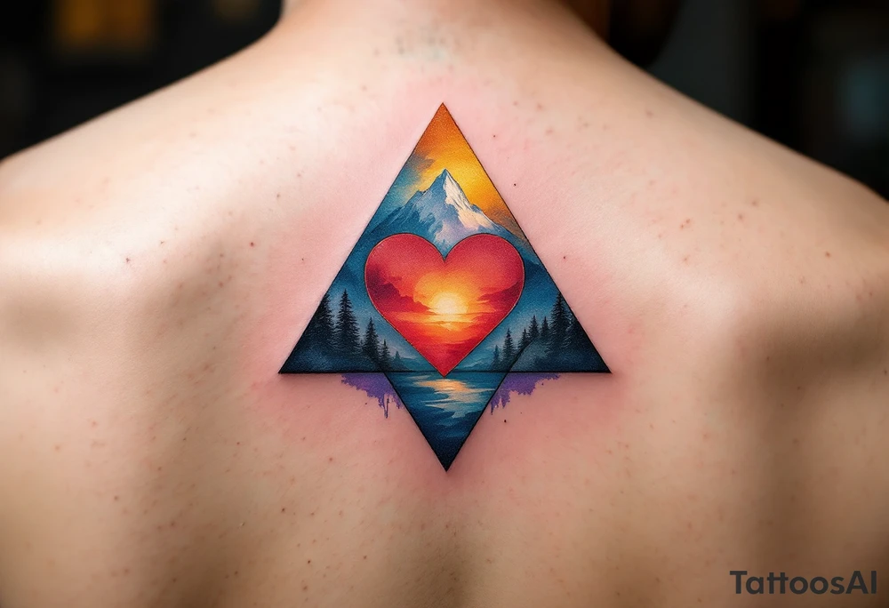 A triangle with a big heart in the cente with a mountain theme tattoo idea