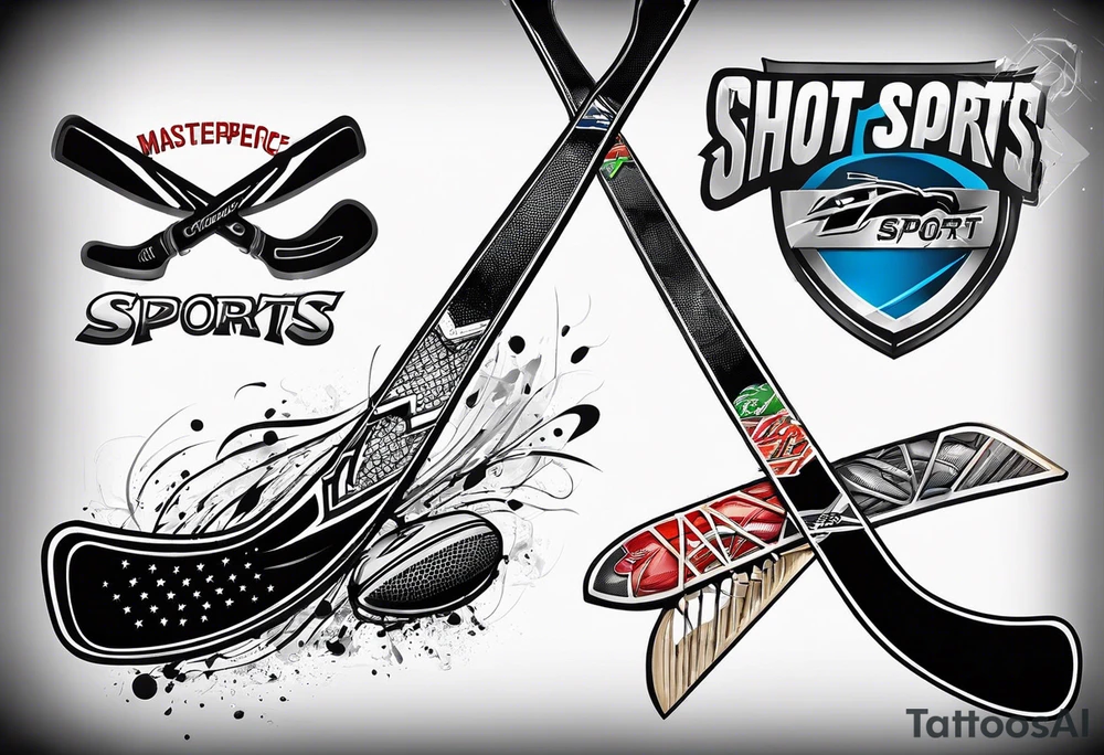 crossed hockey sticks with sports equipment that says "SHOT SPORTS" tattoo idea