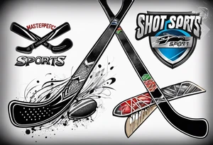 crossed hockey sticks with sports equipment that says "SHOT SPORTS" tattoo idea