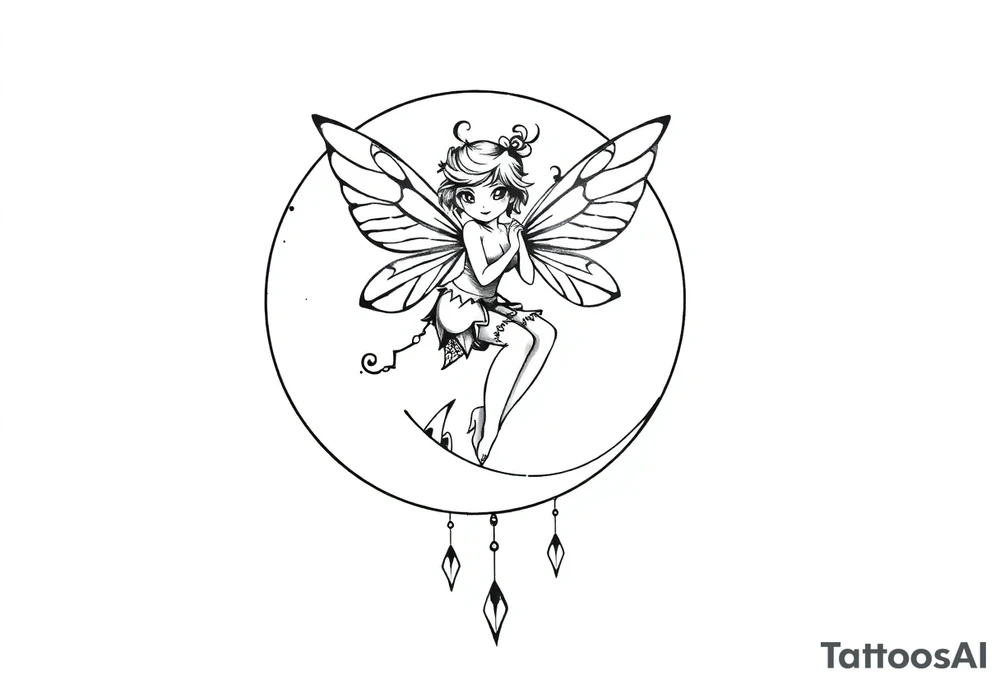 Solid black tattoo of a Fairy sitting on moon with dangles. tattoo idea