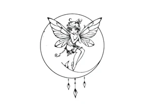 Solid black tattoo of a Fairy sitting on moon with dangles. tattoo idea