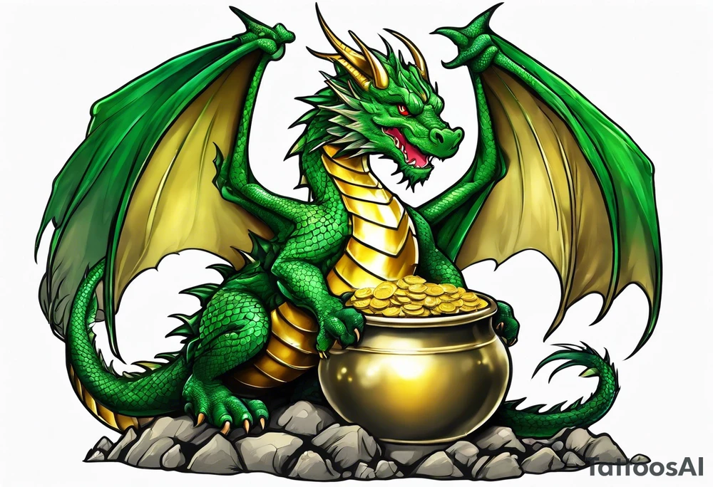 Green dragon holding a pot of gold tattoo idea