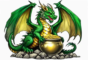 Green dragon holding a pot of gold tattoo idea