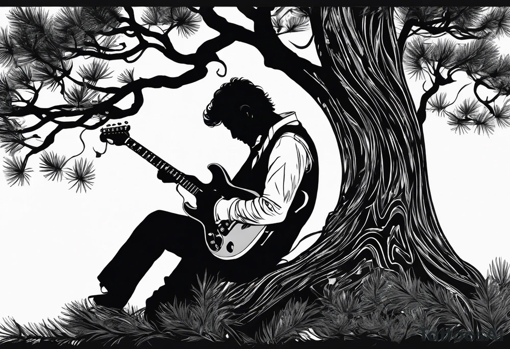 silhouette of a man sitting in a pine tree playing electric guitar tattoo idea