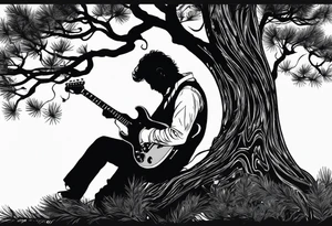 silhouette of a man sitting in a pine tree playing electric guitar tattoo idea