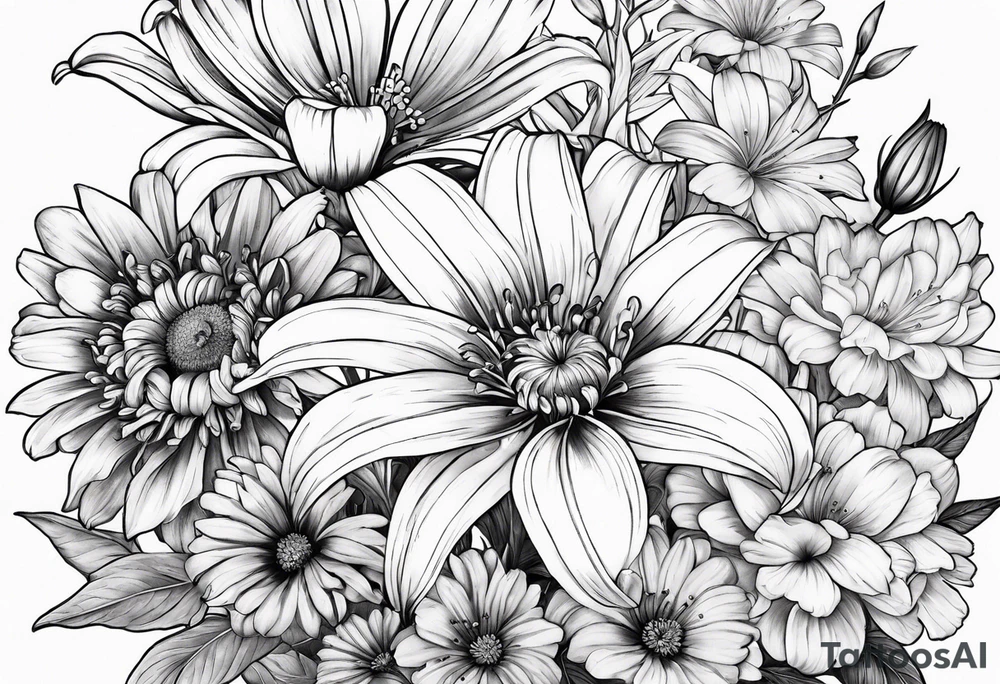 Bouquet of lilies, marigolds, cosmos, and asters tattoo idea
