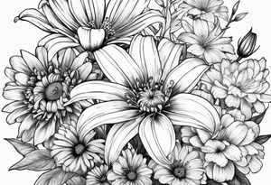 Bouquet of lilies, marigolds, cosmos, and asters tattoo idea