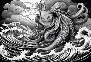 A vicious octopus monster underwater ensnaring the Greek god Poseidon as he thrust his trident into the beast. Turbulent storm with lightning & waves crashing tattoo idea