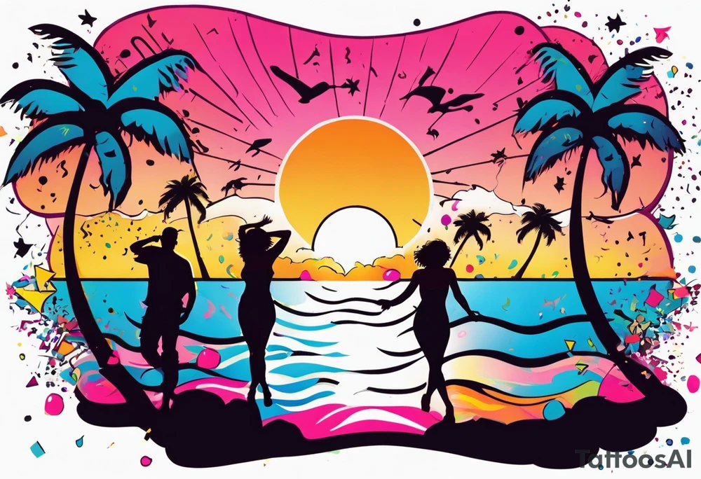 1980's miami vice style beach dance 
party, include confetti, music notes, boom box, SILHOUETTE bikinis sunset in the center tattoo idea