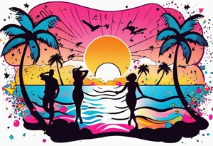 1980's miami vice style beach dance 
party, include confetti, music notes, boom box, SILHOUETTE bikinis sunset in the center tattoo idea