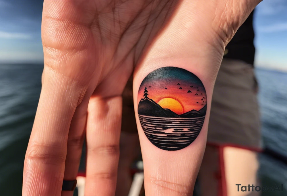 This tattoo needs to be incredibly simple and minimal. It's a sunset from the perspective of being on a boat on the ocean. The waves are very calm and there is no land in site. There are slight reflections of the sun on the water. The tattoo will be in landscape orientation. Mostly black with small splashes of color from the sun. There should be no objects in the tattoo besides the sun, water, and maybe some clouds and a bird or two. No land or boats. tattoo idea