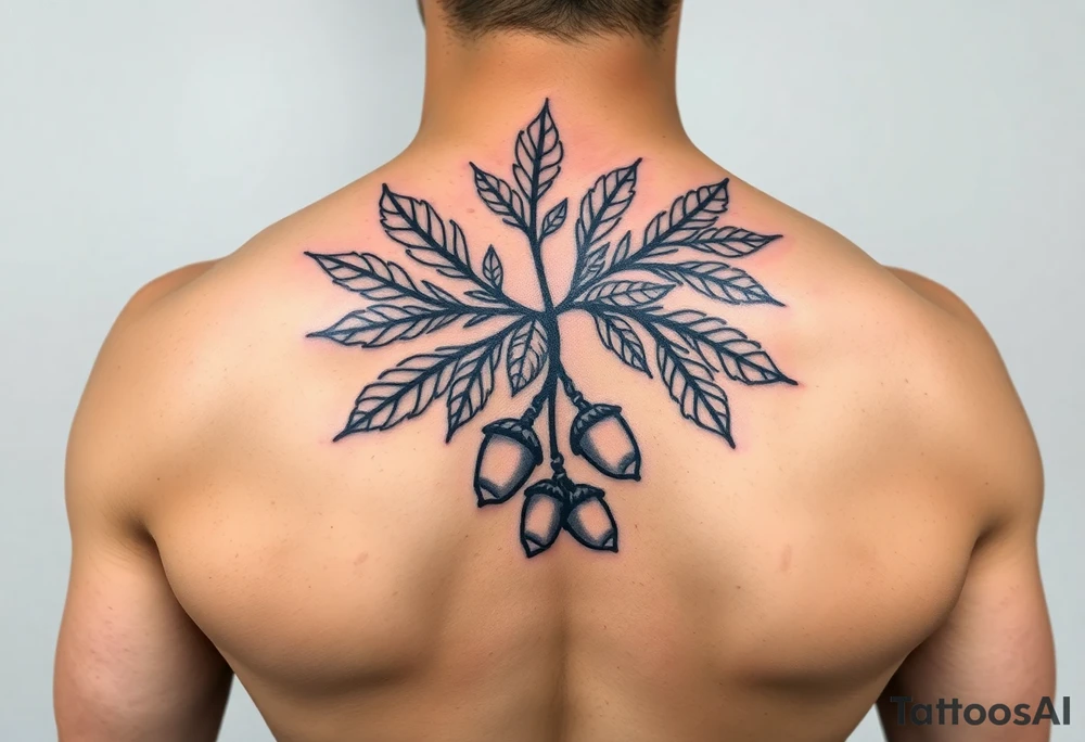 oak branch with thick leaves and acorns tattoo idea