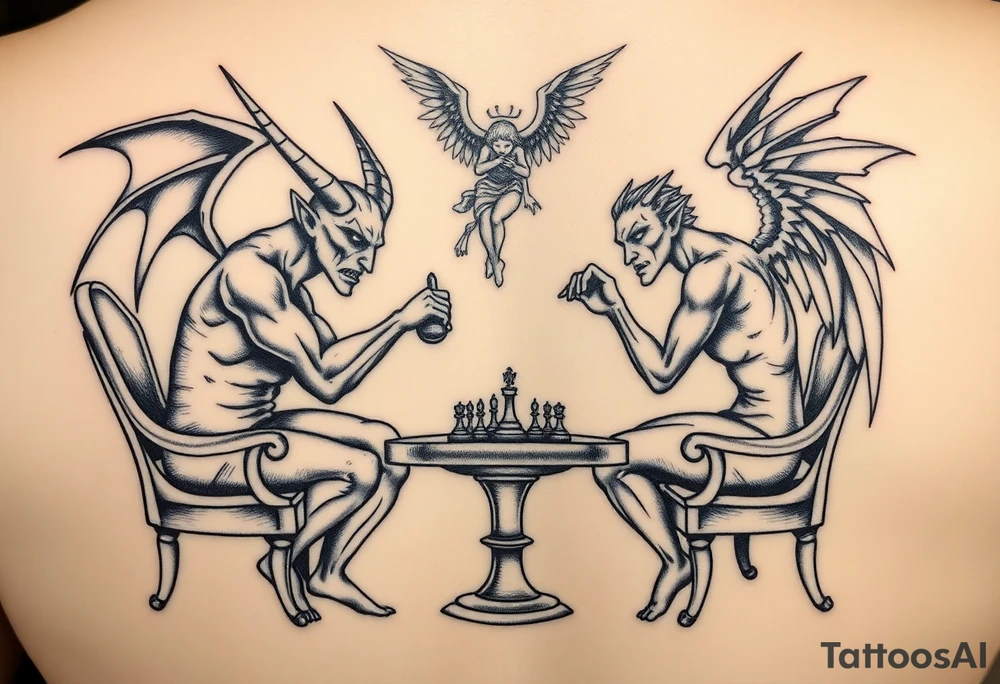 devil and angel playing chess. Make them seem like people and not animals. Sitting on chairs with an angel watching tattoo idea