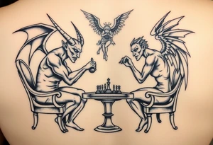devil and angel playing chess. Make them seem like people and not animals. Sitting on chairs with an angel watching tattoo idea