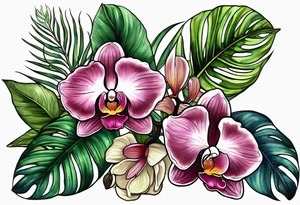 Tropical foliage and orchids tattoo idea