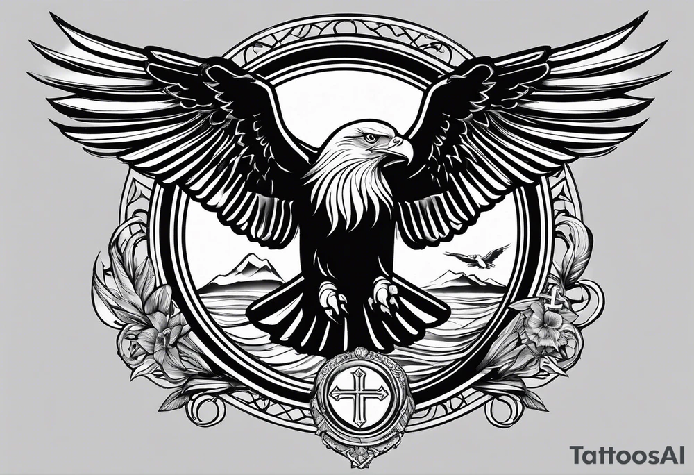 A tattoo that states catholic religion, pain and discipline to achieve your goals in life. it should be placed on the upper back. symbol of an eagle, fish, pigeon tattoo idea