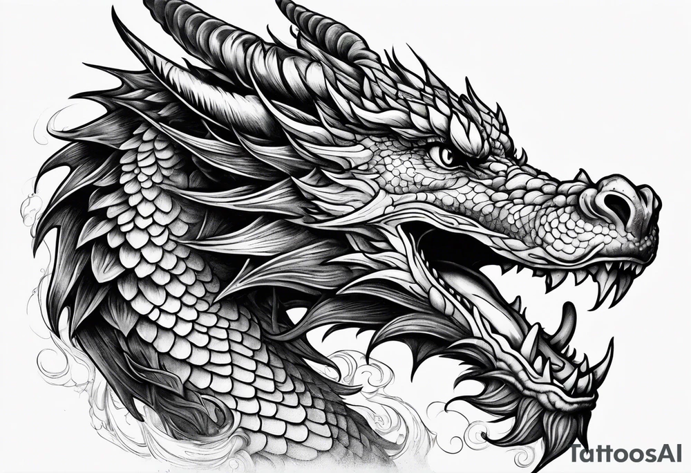An ornate dragon breathing fire, with intricate scales and a fierce expression, symbolizing power and protection.” tattoo idea