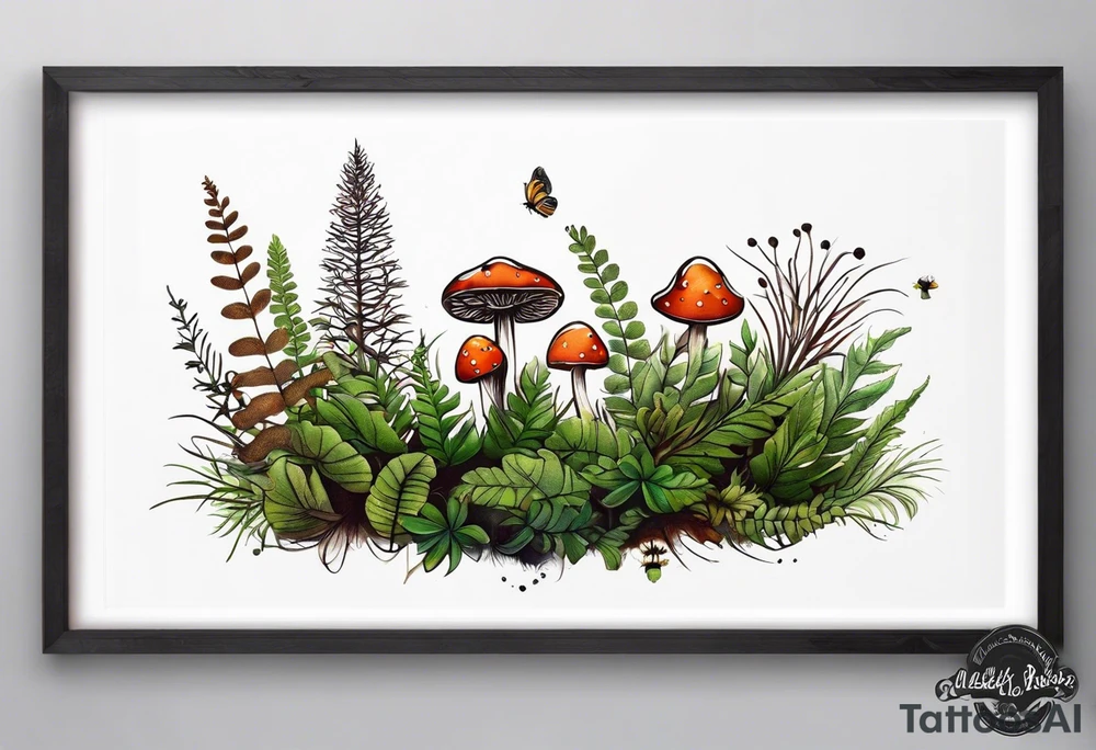 minimalistic forest floor inspired tattoo, which includes grass, moss, curly ferns and dead leaves as the bulk of the tattoo. details to include: forest berries, couple of very small brown mushrooms, a tiny bumblebee flying nearby tattoo idea