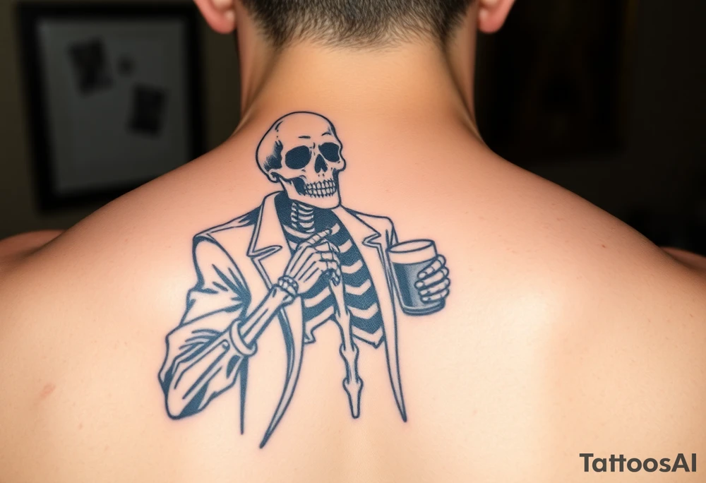 evil skeleton in clothes getting drunk tattoo idea