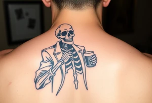 evil skeleton in clothes getting drunk tattoo idea