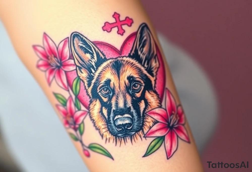 realistic german shepherd with alert ears looking protective surrounded by pink lilies with leaves in front of a sacred heart tattoo idea