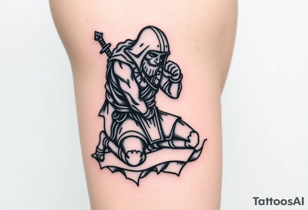 Weary warrior kneeling taking a break tattoo idea