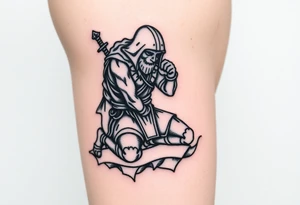 Weary warrior kneeling taking a break tattoo idea