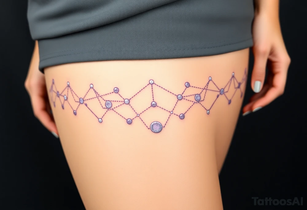 A geometric garter with soft lavender and silver tones, forming elegant, clean lines with a futuristic touch tattoo idea