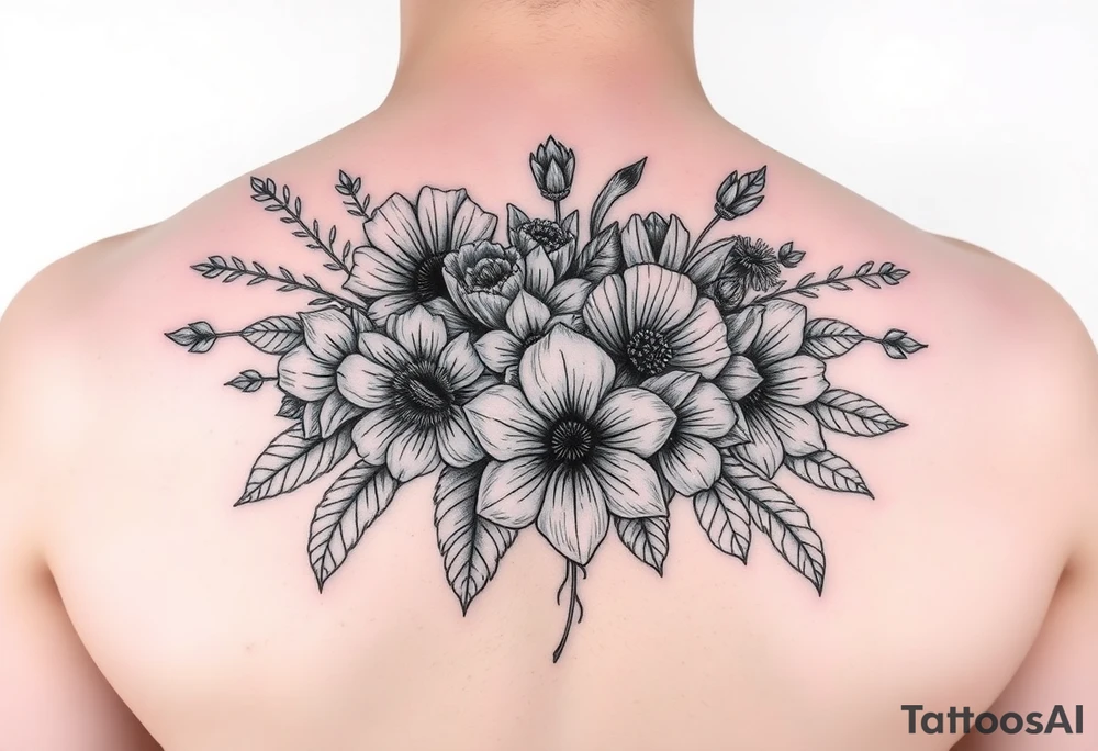 A bouquet of flowers for the months of January , February,  March, April,  May, June, August tattoo idea
