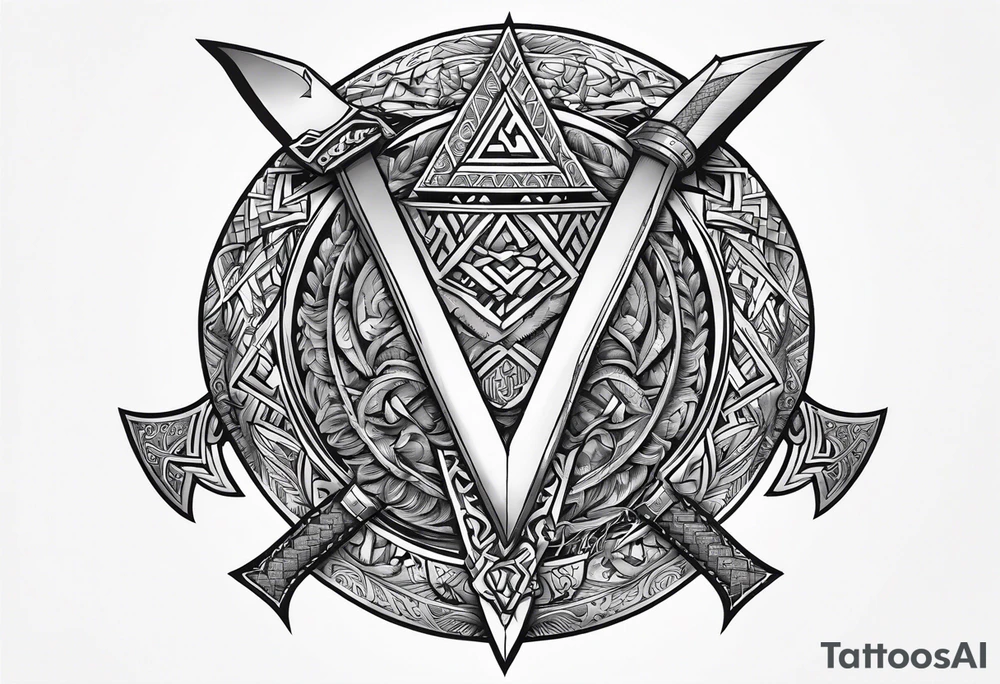 Valhalla sword shield axe Valknut tattoo idea