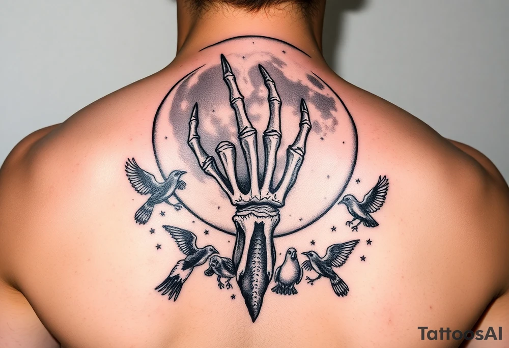 zodiac cancer skeletal hand snile with fangs on a fyull bloody moon surrounded by dead birds and a hellish starry sky tattoo idea