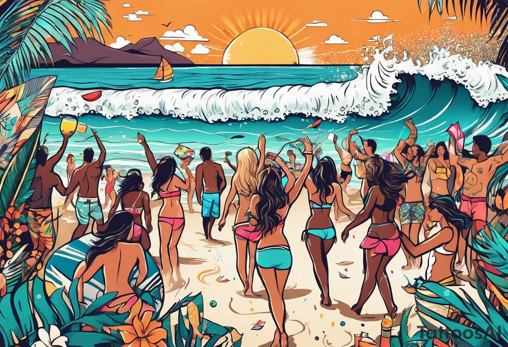 SURFING SAFARI BEACH DANCE 
PARTY WITH CONFETTI AND MUSIC NOTES, TROPICAL DRINKS, SEXY BIKINIS tattoo idea