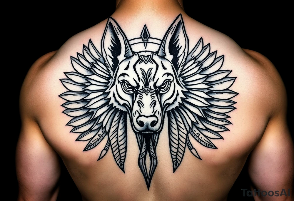Egyptian Anubis god face muscle in Egypt style dog face surrounded Egyptian symbols tattoo idea