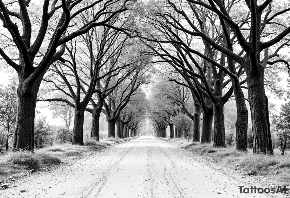 Tree-lined dirt road. Road is rough, little shoulder. Deciduous trees arch across it, meeting in the middle. 

Road should be rougher, more rural. Branches start lower. The trees in the foreground should be bigger — perspective has road getting smaller. 

Make the trees leafier. Branches begin lower on the trunk tattoo idea