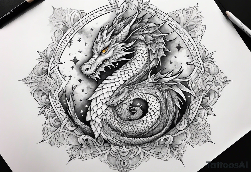 dragon cute , celestial, cross, snowflake tattoo idea