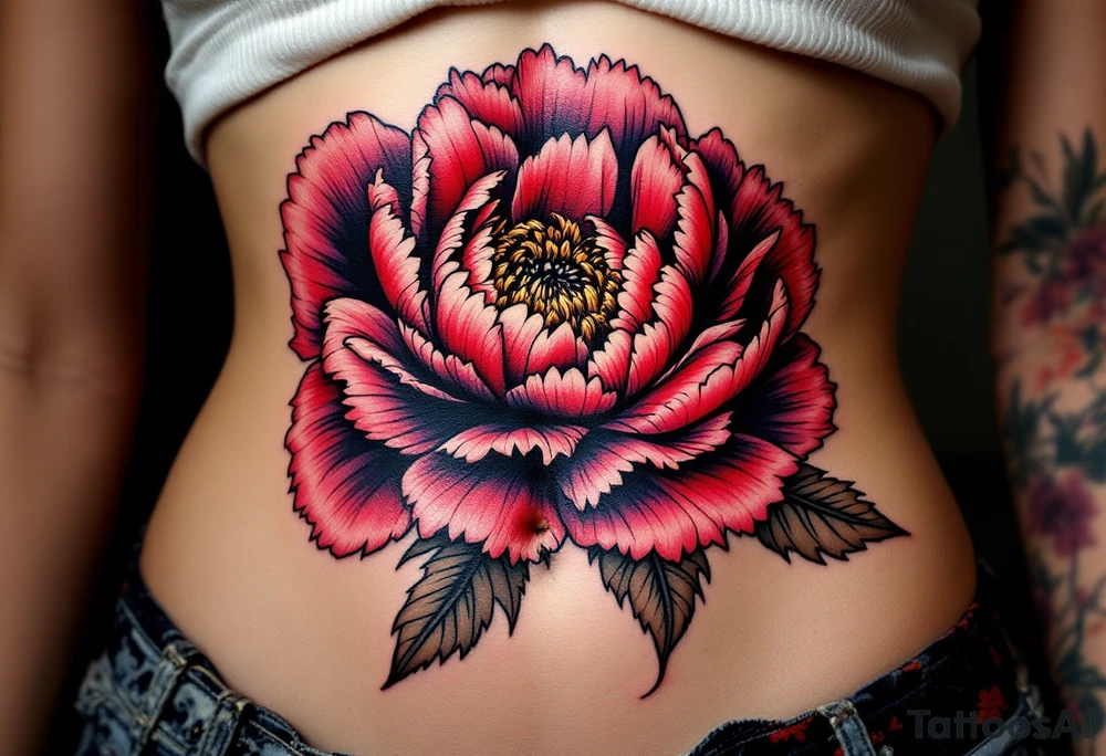 A large peony flower in shades of red and purple with bold black outlines. tattoo idea
