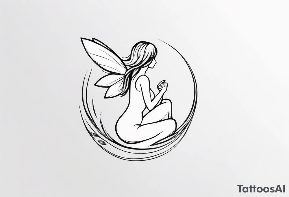 Minimalistic, monochromatic fairy with a tail flying to the left in a fetal position, leaning and looking in the same direction, with visible hands, embodying the 'Fairy Tail' logo aesthetic. tattoo idea