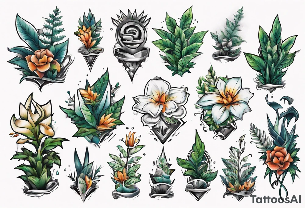 Word ‘power’ on top of plants tattoo idea