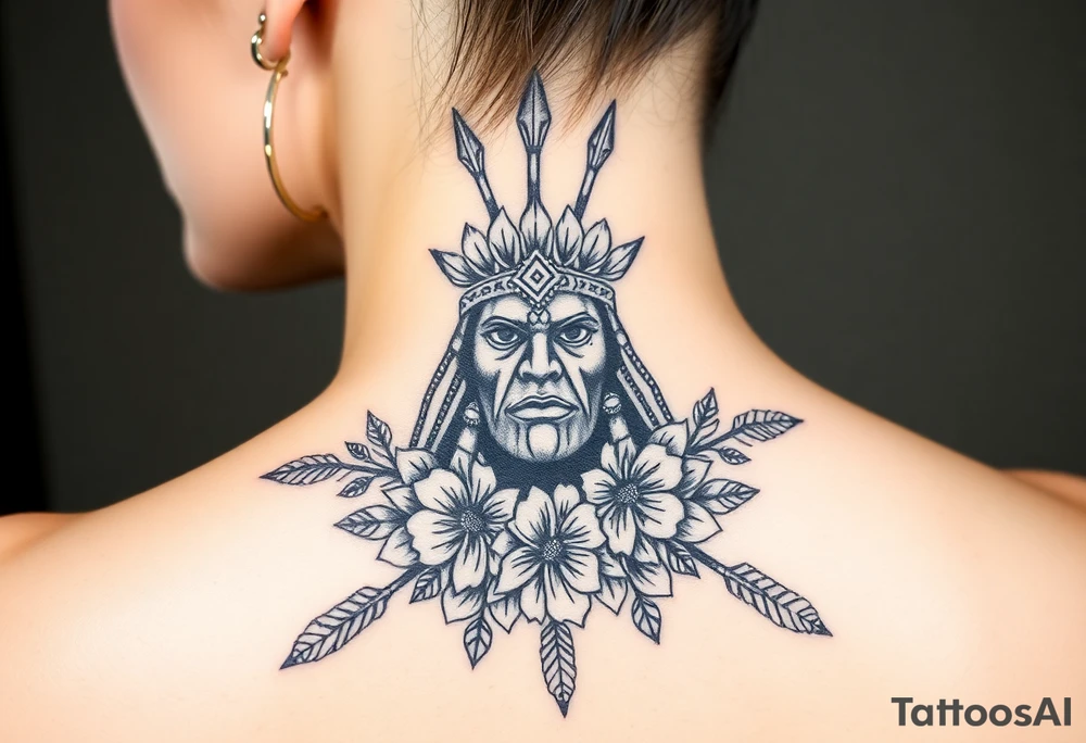 powerful shaman with flowers and spears from Nunavut and representing pain, anger love and healing for front of neck tattoo idea