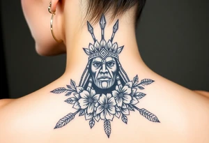 powerful shaman with flowers and spears from Nunavut and representing pain, anger love and healing for front of neck tattoo idea