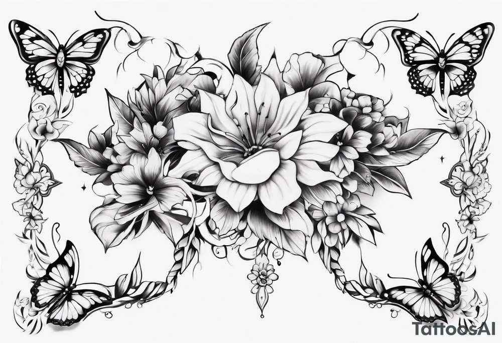 Ankle bracelet tattoo with ornamental style flowers and butterflies and larger in the centre tattoo idea