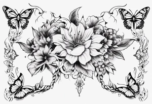 Ankle bracelet tattoo with ornamental style flowers and butterflies and larger in the centre tattoo idea