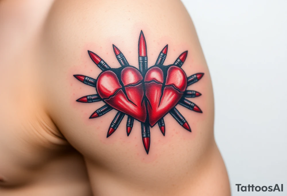 Red Broken hearts surrounded by blue bullets tattoo idea