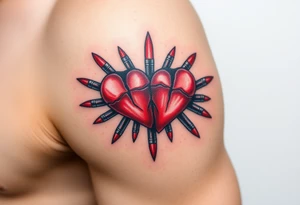 Red Broken hearts surrounded by blue bullets tattoo idea