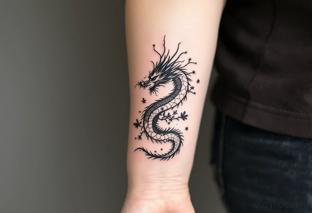 detailed dragon japanese style sakura trees abstract lines dark/rough aesthetic tattoo idea