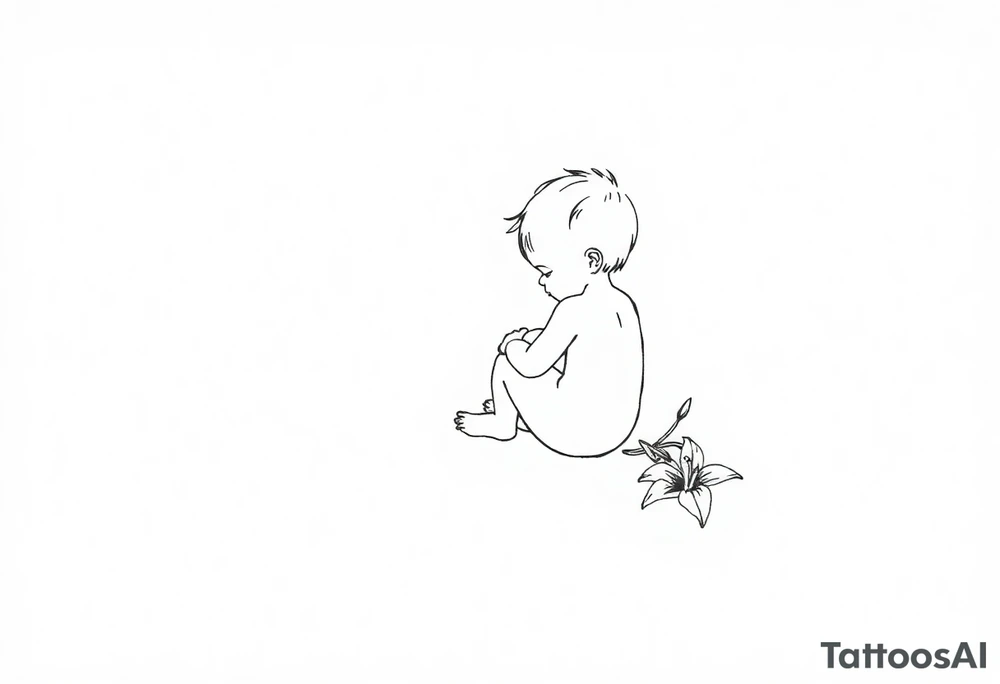 A simple tile floor with a minimalist outline of a curled child sitting on the floor with a lily next to her tattoo idea