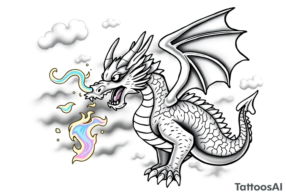 fierce dragon breathing iridescent fire against stormy skies tattoo idea