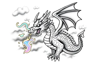 fierce dragon breathing iridescent fire against stormy skies tattoo idea